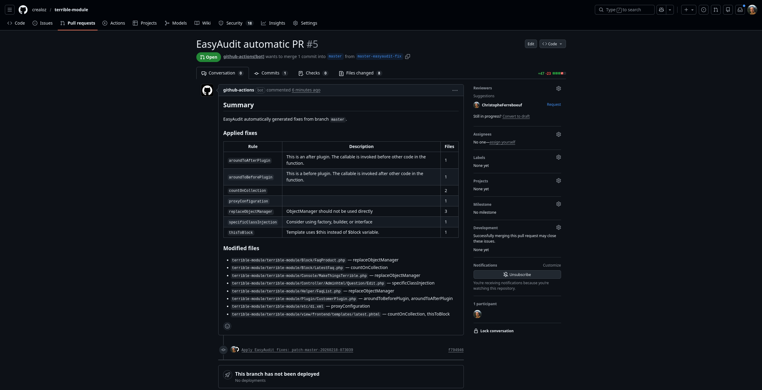 GitHub pull request showing EasyAudit Code Scanning annotations inline on changed files, highlighting a concrete class injection warning