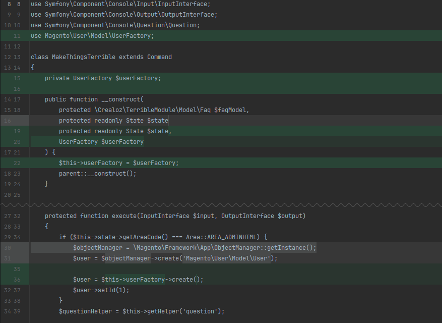 Code diff view showing a concrete class injection being replaced by an interface, with red deleted lines and green added lines
