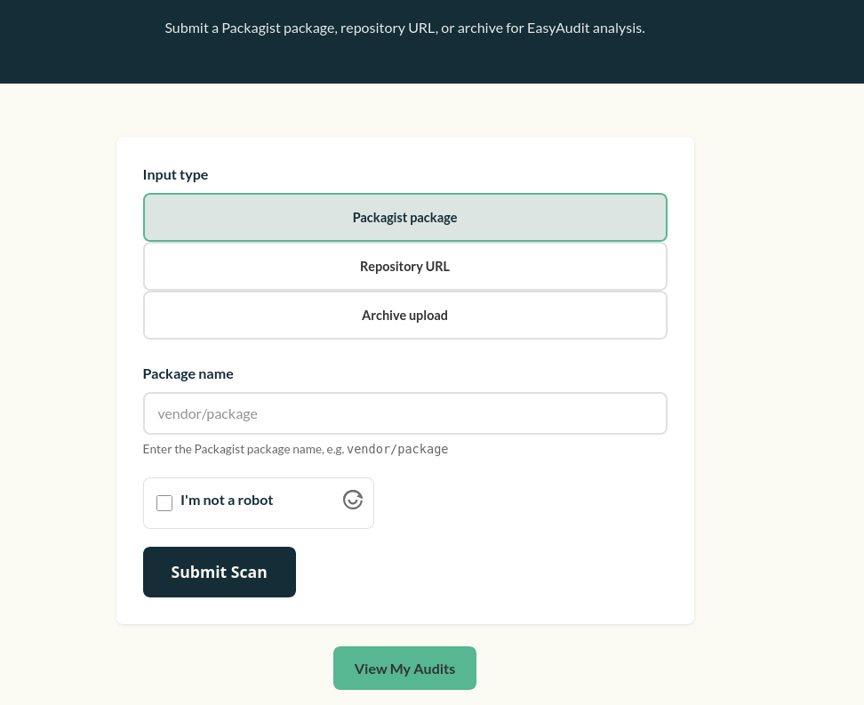 Browser mockup showing the EasyAudit web scanner interface with an input field for a Packagist URL, a drag-and-drop area for archive upload, and a scan button
